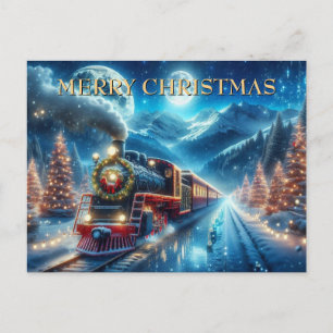 Christmas Train with Wreath and Snowy Pines Holiday Postcard