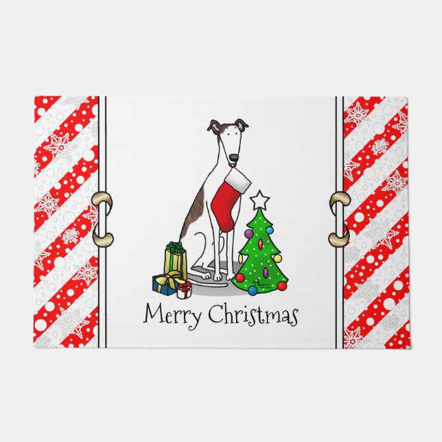 Christmas Tree 2 Greyhound (brindle white) Dog Fun Doormat (Front)