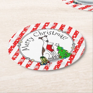 Christmas Tree 2 Greyhound (brindle white) Dog Fun Round Paper Coaster