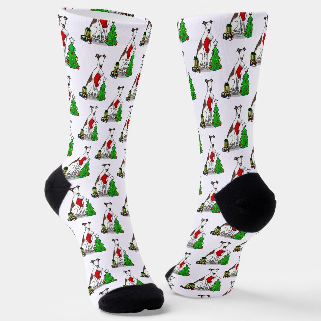 Christmas Tree 2 Greyhound (brindle white) Dog Fun Socks (Angled)