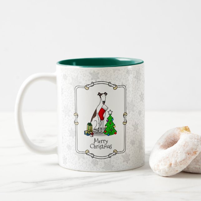 Christmas Tree 2 Greyhound (brindle white) Dog Fun Two-Tone Coffee Mug (With Donut)
