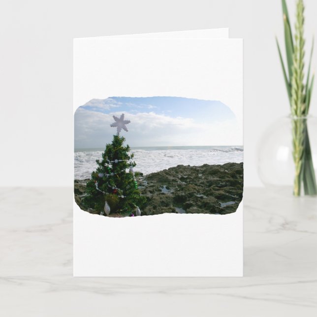 Christmas Tree Against Beach Rocks Holiday Card (Front)
