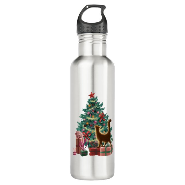 Christmas Tree and a Naughty Orange Cat 710 Ml Water Bottle (Front)