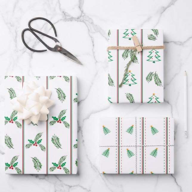 Christmas tree and berries with stripes wrapping paper sheet (Front)