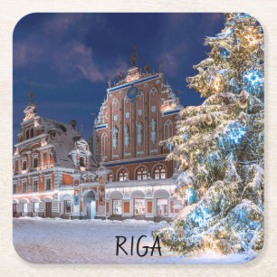 Christmas tree and Blackheads house in Riga Square Paper Coaster