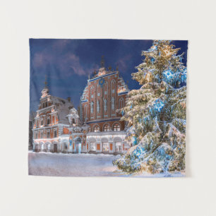 Christmas tree and Blackheads house in Riga Tapestry