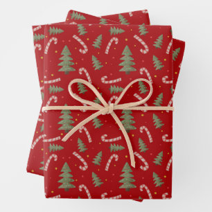 Christmas Tree and Candy Cane Red Wrapping Paper Sheet