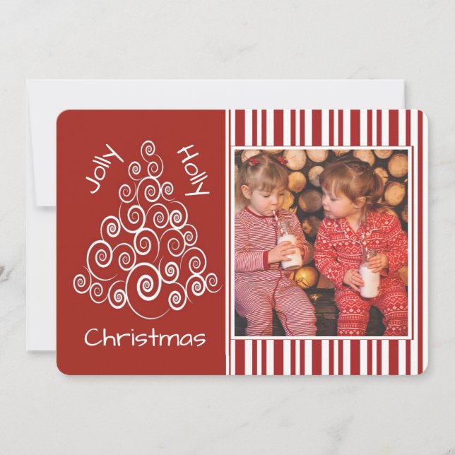 Christmas Tree and Candy Cane Striped Custom Photo Holiday Card (Front)