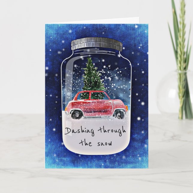 Christmas Tree and Car Winter Scene in a Mason Jar Holiday Card (Front)