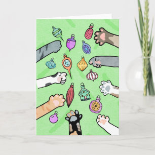 Christmas Tree and Cat Paws with Ornaments Card