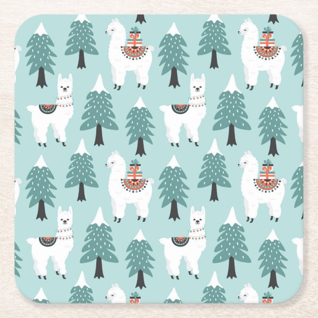 Christmas tree and cute lama pattern square paper coaster (Front)