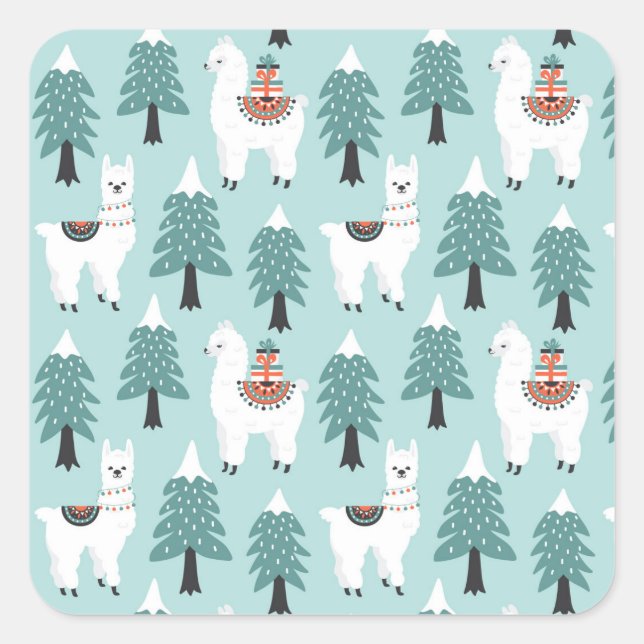Christmas tree and cute lama pattern square sticker (Front)