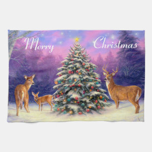 Christmas Tree and Deer Family Tea Towel