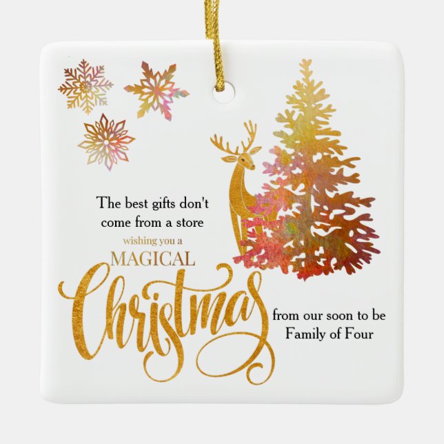 Christmas Tree and Deer Soon to be Family of Four Ceramic Ornament (Front)