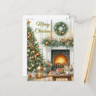 Christmas Tree and Fireplace Holiday Postcard