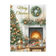 Christmas Tree and Fireplace Holiday Postcard
