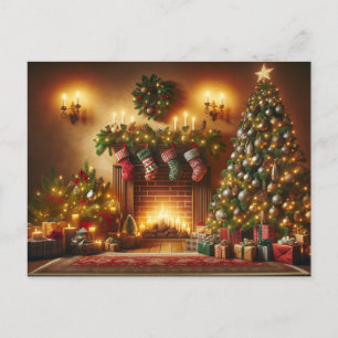 Christmas tree and fireplace holiday postcard
