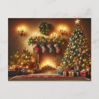 Christmas tree and fireplace  holiday postcard