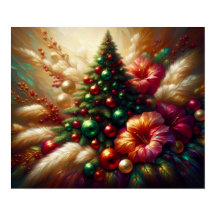 Christmas Tree and Flowers on a Beautiful Wall