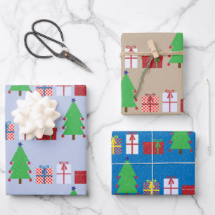 Christmas Tree and Gifts Blue Beige and Colorful Wrapping Paper Sheet