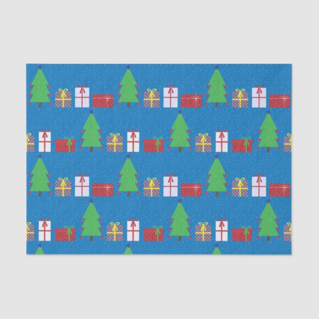 Christmas Tree and Gifts on Blue Tissue Paper (Front)