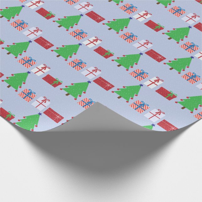 Christmas Tree and Gifts on Light Blue Wrapping Paper (Corner)