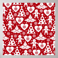 Christmas Tree and Gingerbread Man Pattern on Red