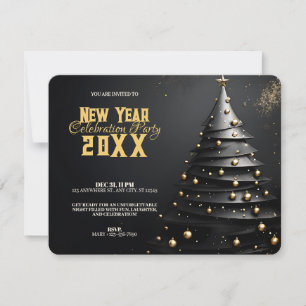 Christmas Tree and Gold Ornaments Modern New Year Invitation