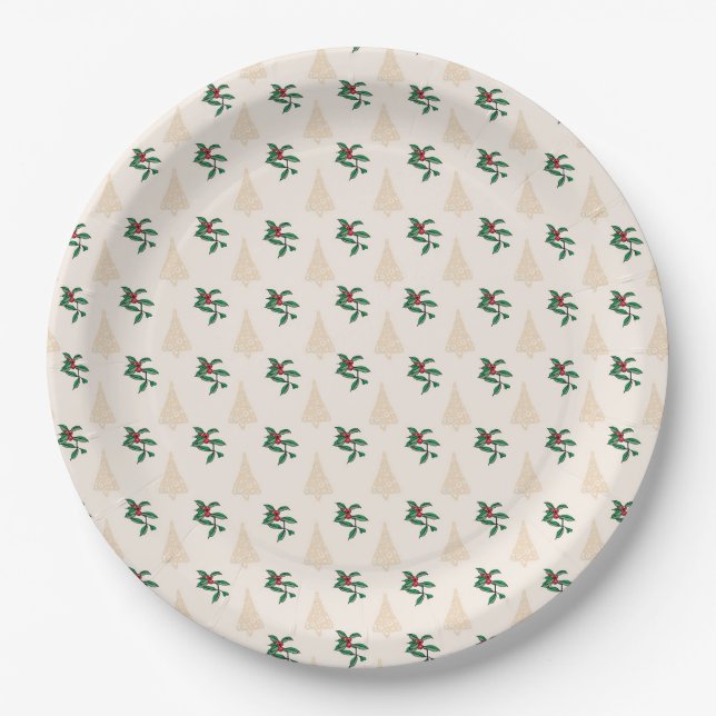 Christmas tree and Holly in Cream Paper Plates (Front)