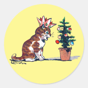 Christmas Tree and Kitten, Louis Wain Classic Round Sticker