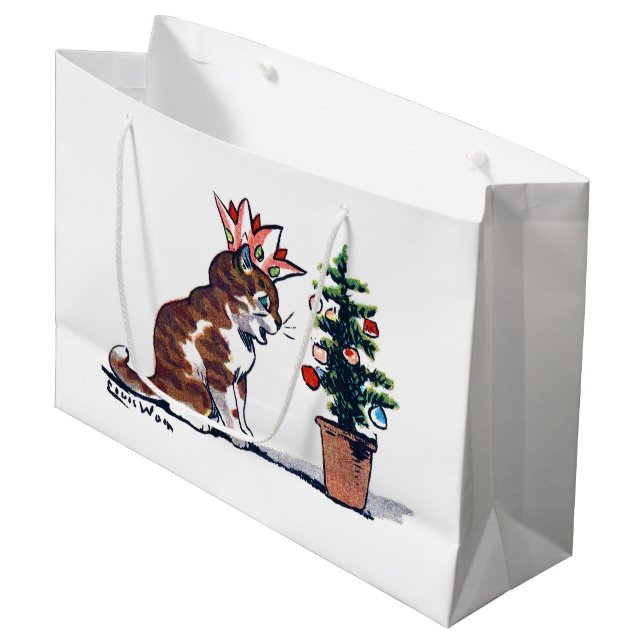 Christmas Tree and Kitten, Louis Wain Large Gift Bag (Front Angled)
