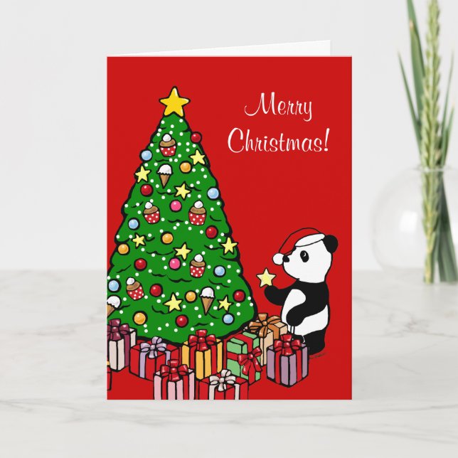 Christmas Tree and Panda Cartoon Holiday Card (Front)