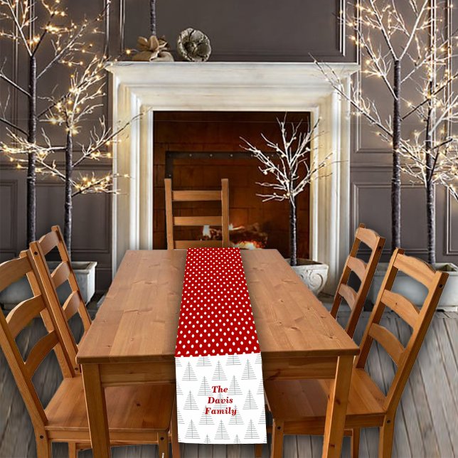 Christmas Tree and Polka Dots Custom Family Name Short Table Runner (Creator Uploaded)