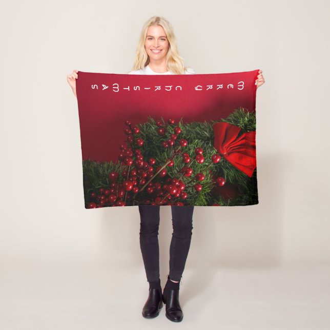 Christmas Tree And Red Berries On Red Background Fleece Blanket (In Situ)