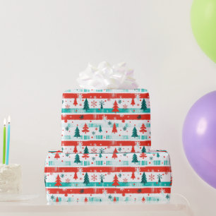 Christmas Tree and Red Green Stripes Wrapping Paper