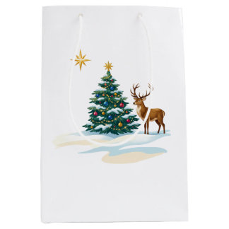 Christmas Tree and Reindeer in Snow Medium Gift Bag