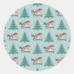 Christmas tree and santa claus classic round sticker