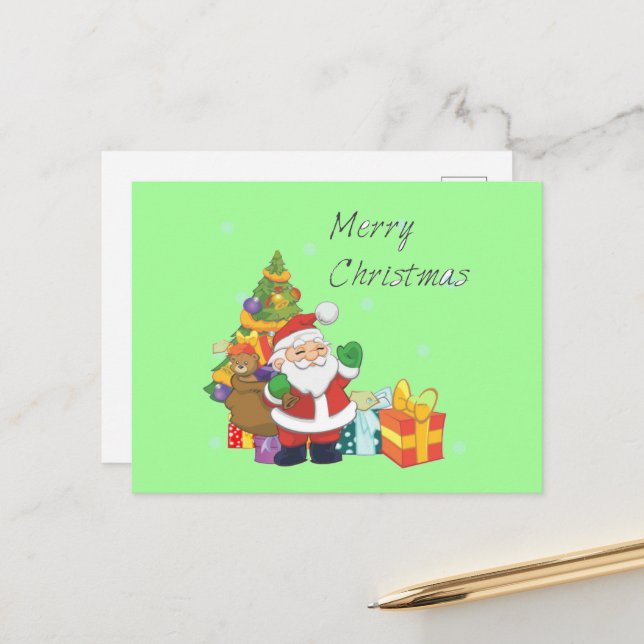 Christmas tree and Santa Merry Christmas green Holiday Postcard (Front/Back In Situ)