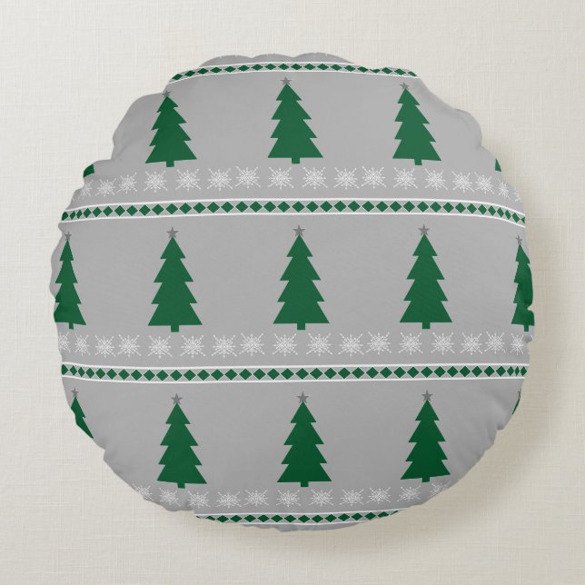 Christmas Tree and Snowflakes Pattern, Round Cushion (Front)