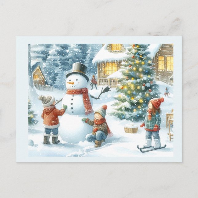 Christmas  Tree and Snowman Holiday  Postcard (Front)