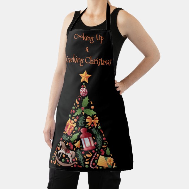 Christmas Tree and Star on black background Apron (Insitu)