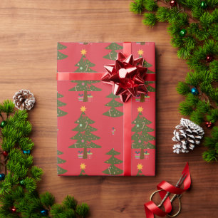 Christmas Tree and Star With Red Background Wrapping Paper