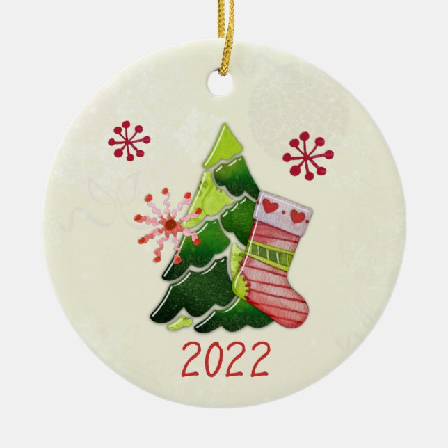 Christmas Tree and Stocking Whimsey Ceramic Ornament (Front)