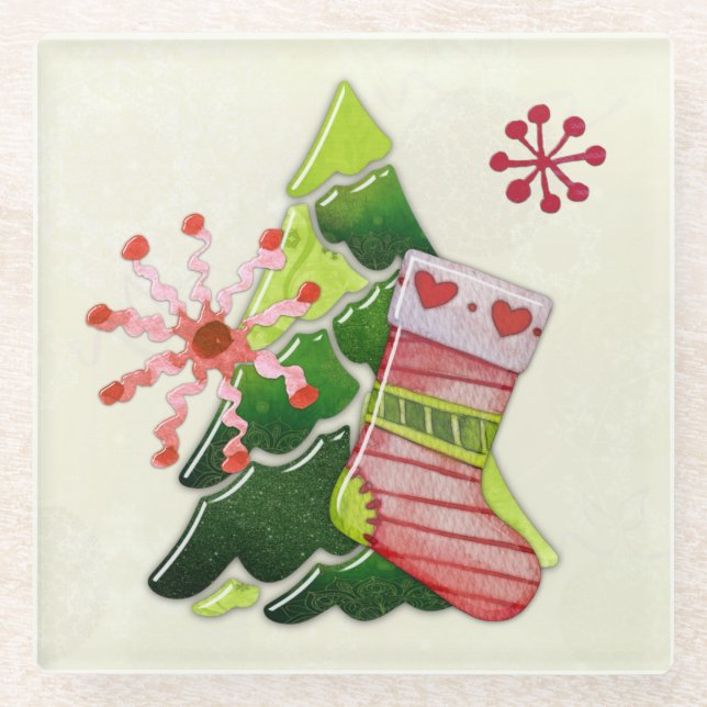 Christmas Tree and Stocking Whimsey Glass Coaster (Front)