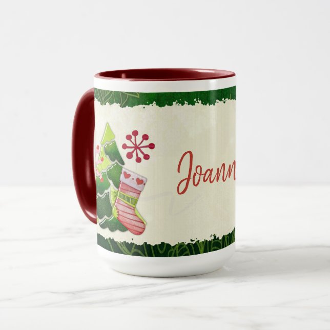 Christmas Tree and Stocking Whimsey Mug (Front Left)