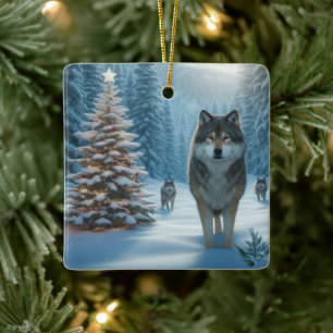 Christmas Tree and Wolves Ceramic Ornament