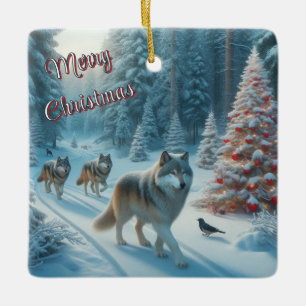 Christmas Tree and Wolves in Snow Ornament