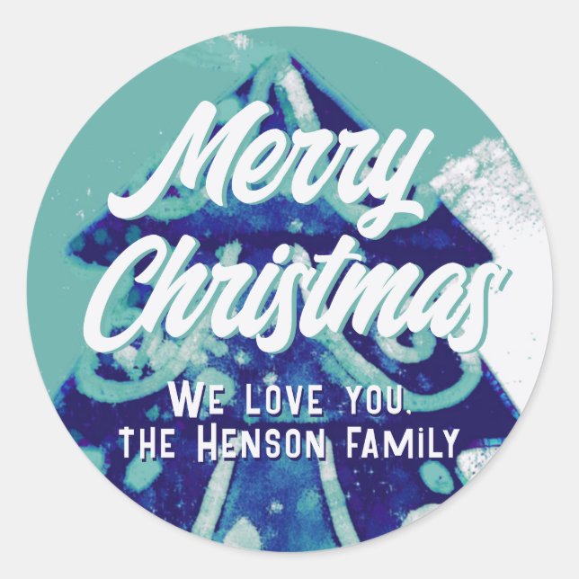Christmas Tree Artistic Blue Merry Script Classic Round Sticker (Front)