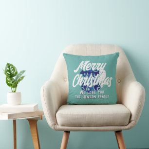 Christmas Tree Artistic Blue Merry Script  Cushion