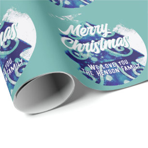 Christmas Tree Artistic Blue Merry Script Wrapping Paper